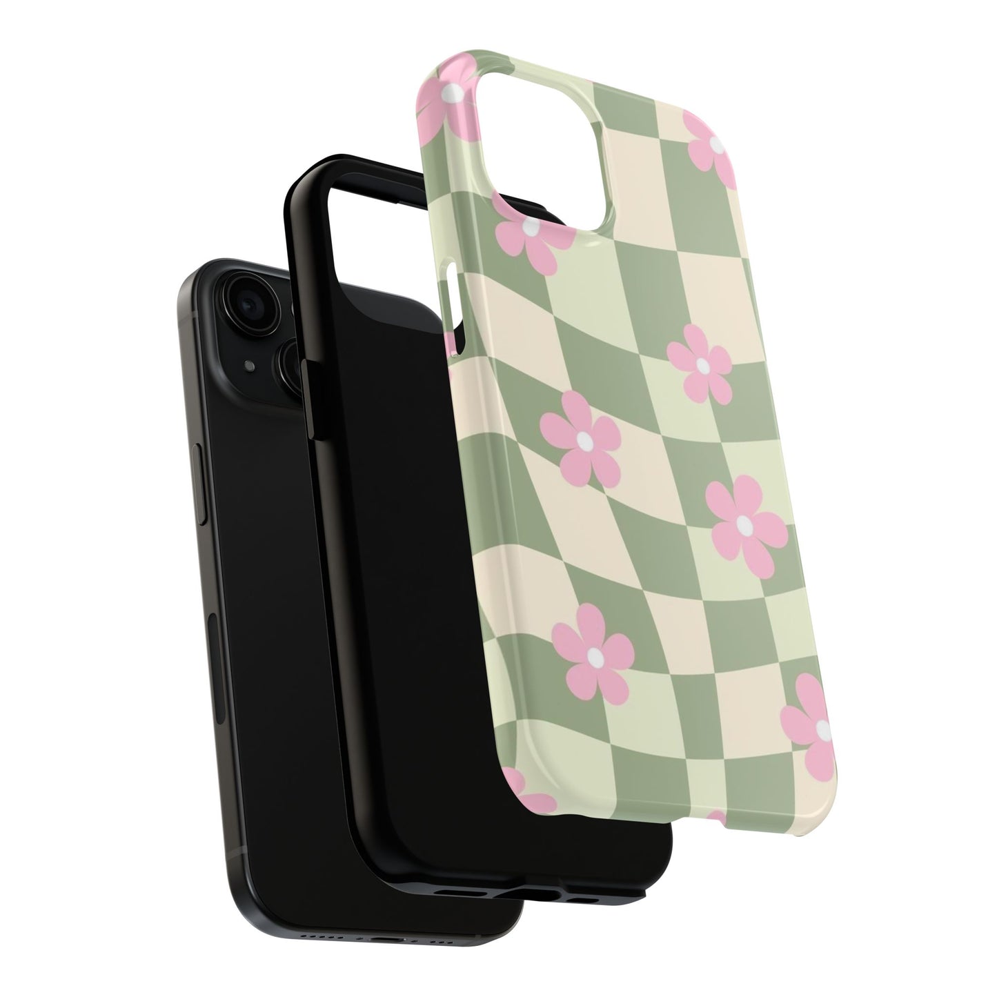 Tough Phone Case — Retro Green Checkerboard with Pink Flowers
