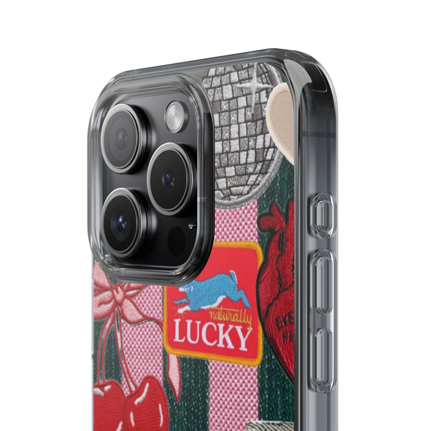 Clear Impact-Resistant Phone Case — Retro Patchwork Stickers (Lucky, Cherries, Silly Goose)