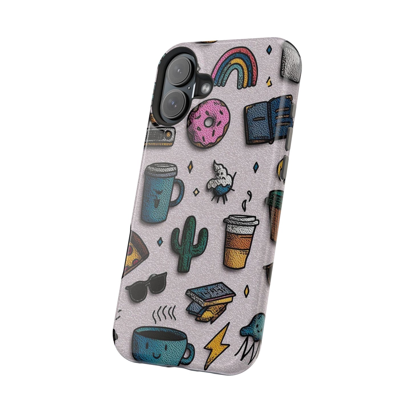 Cute Doodle Phone Case — Magnetic Impact-Resistant Design (coffee, rainbow, cactus)