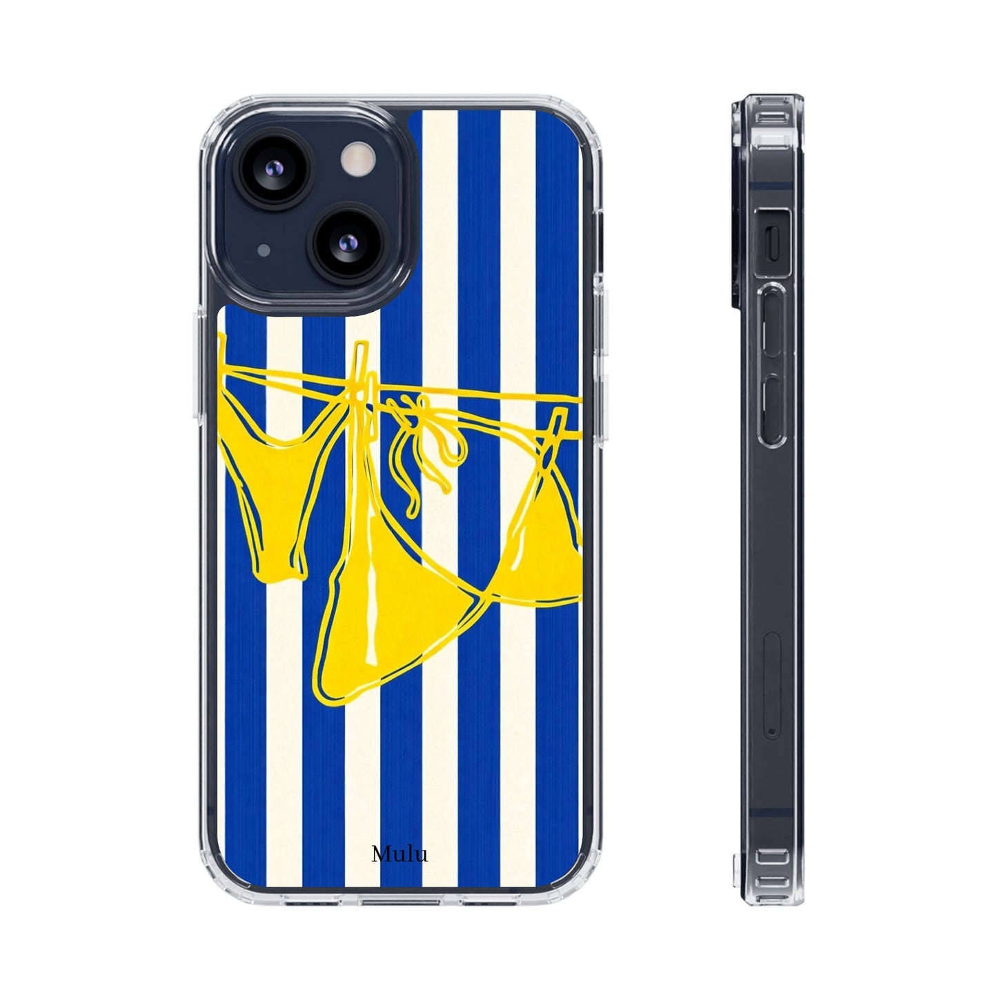 Striped Beach Bikini Phone Case — Yellow Swimwear on Blue & White Stripes, Clear Impact-Resistant
