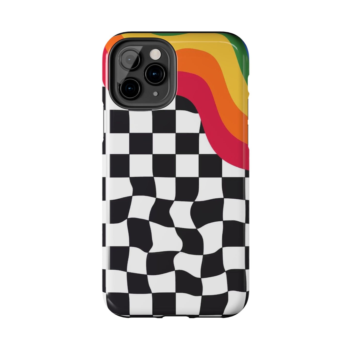 Retro Wavy Checkerboard Tough Phone Case — Rainbow Surf Skate Design