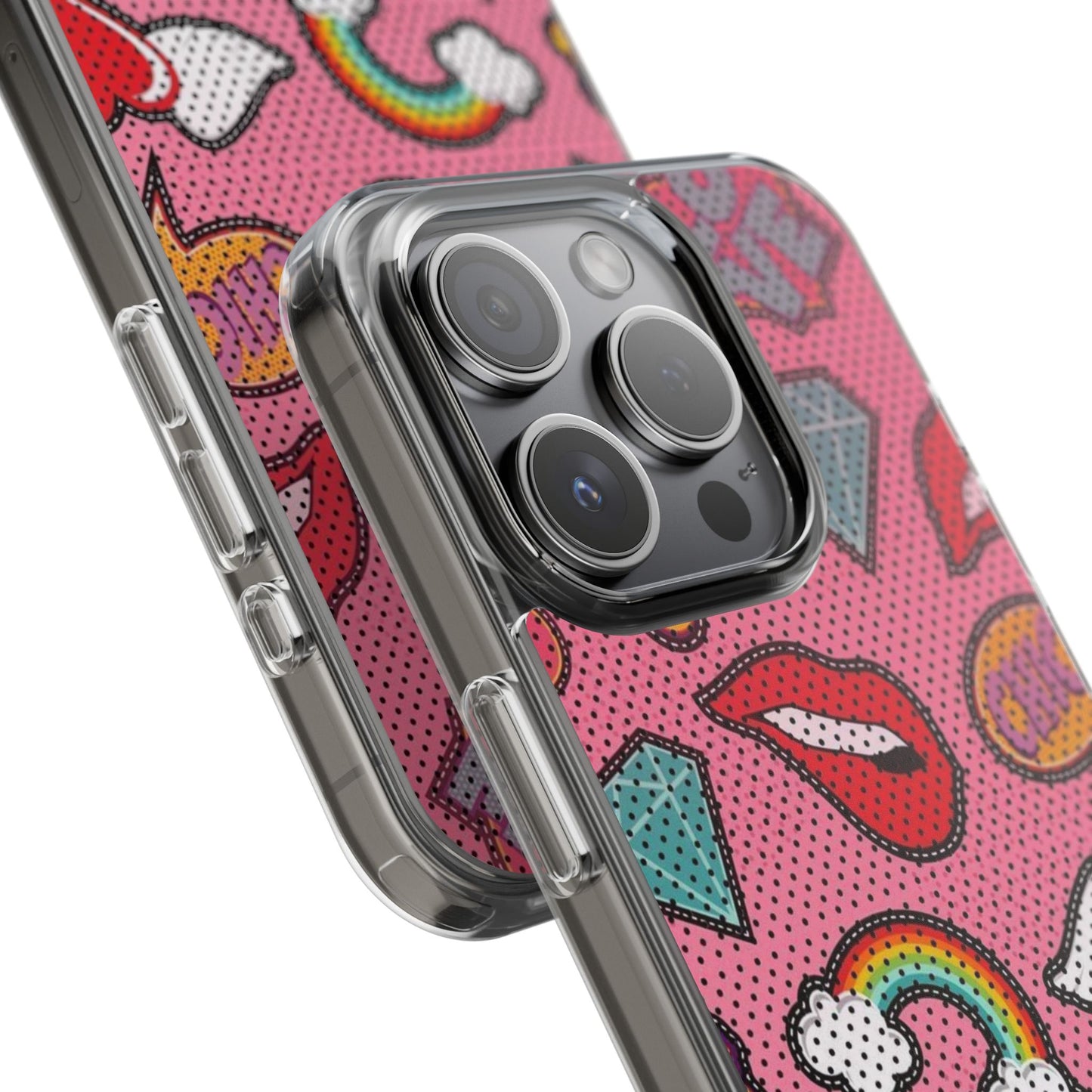 Clear Impact-Resistant Phone Case — Pink Pop Sticker Pattern (Hearts, Rainbows, Smileys)