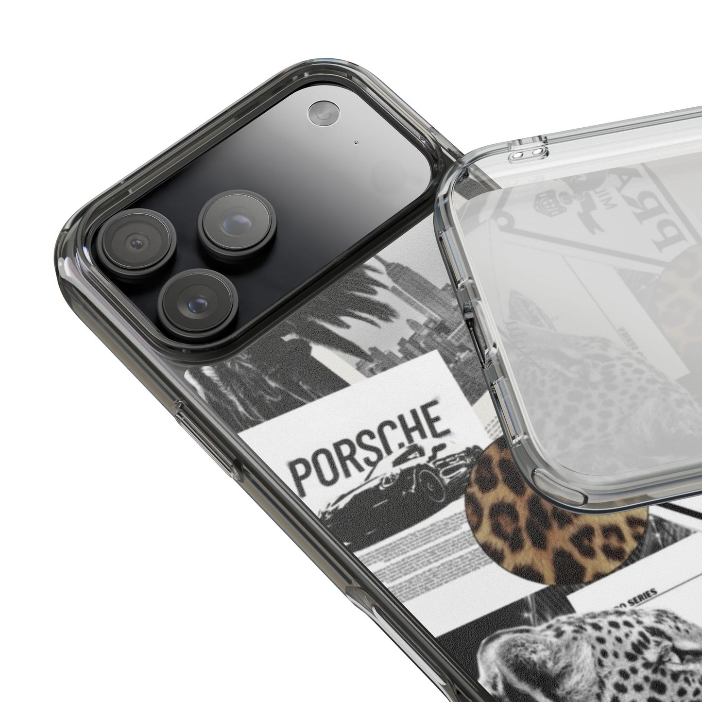 Clear Impact-Resistant Phone Case — Collage Luxury Leopard & Vintage Car Design