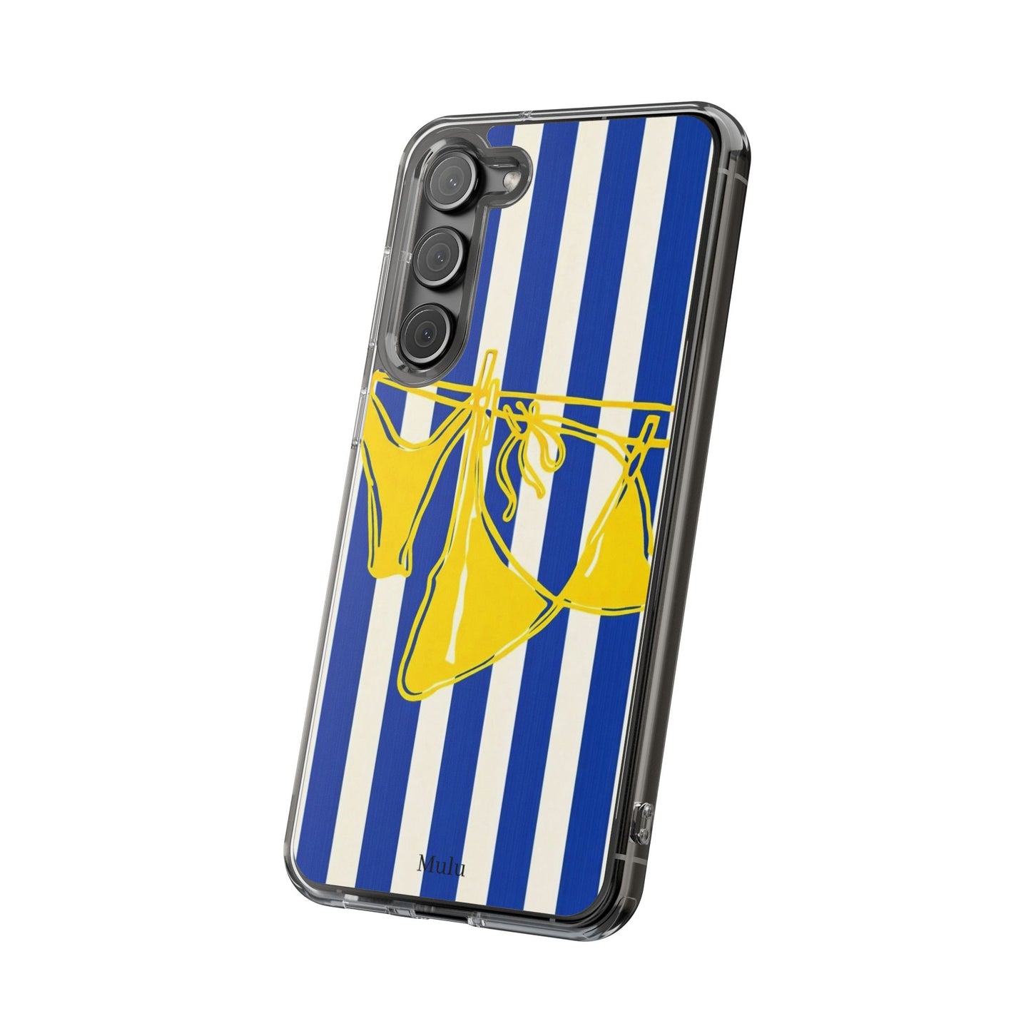 Striped Beach Bikini Phone Case — Yellow Swimwear on Blue & White Stripes, Clear Impact-Resistant