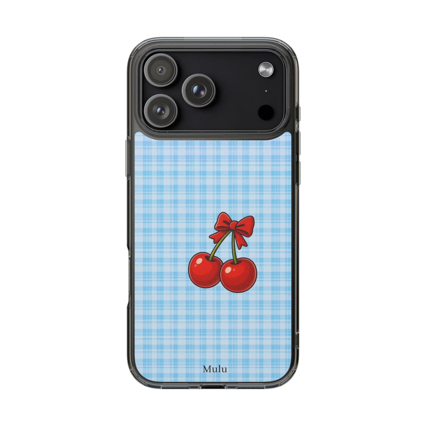 Clear Cherry Gingham Phone Case — Impact-Resistant Clear Case with Red Cherry Design