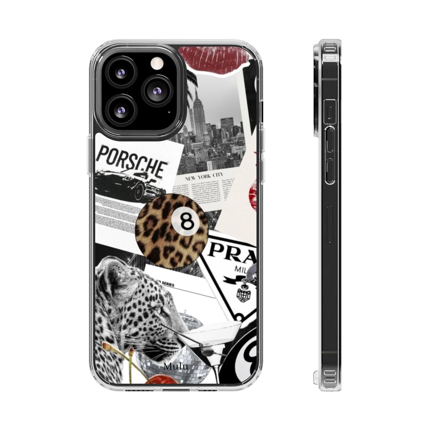 Clear Impact-Resistant Phone Case — Collage Luxury Leopard & Vintage Car Design