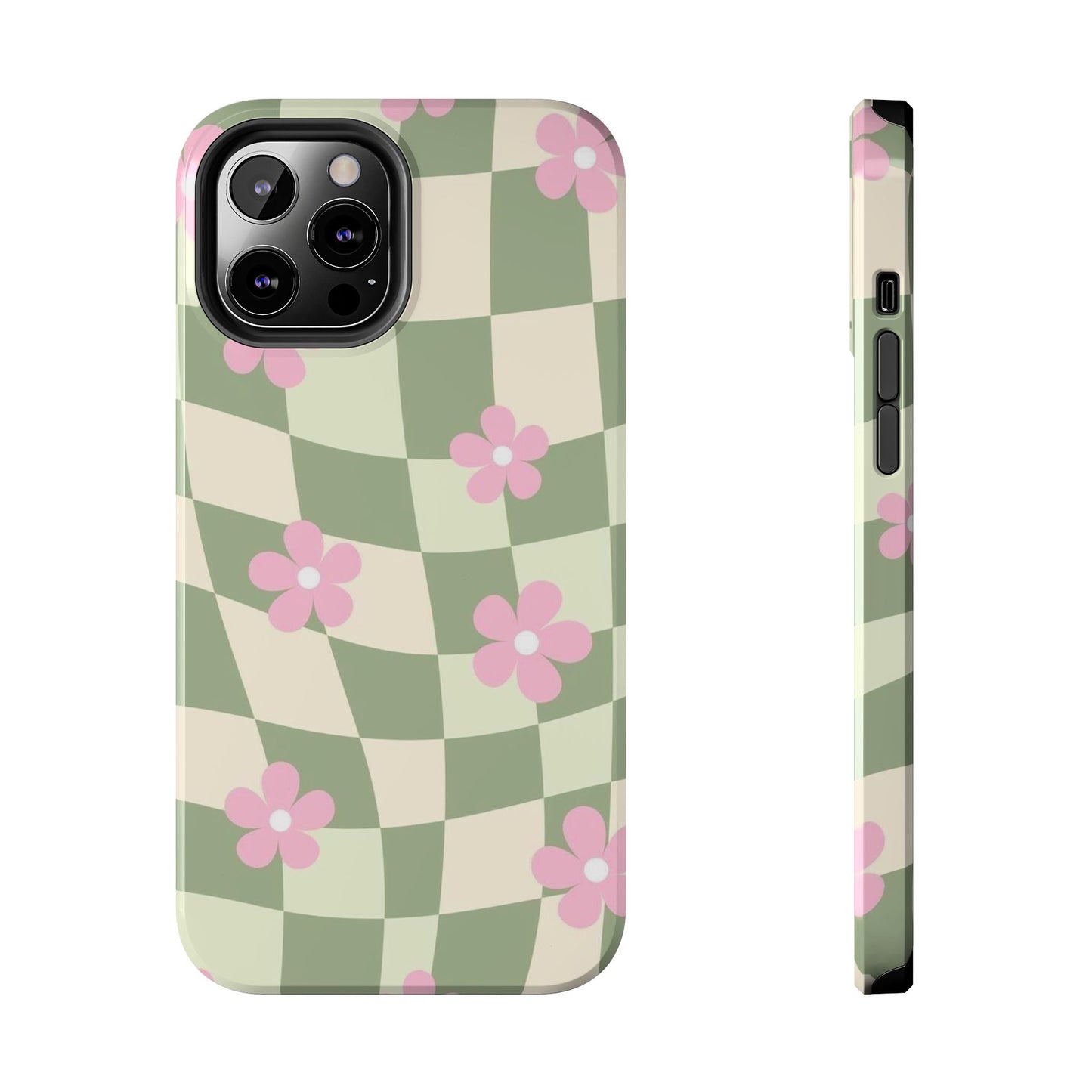 Tough Phone Case — Retro Green Checkerboard with Pink Flowers