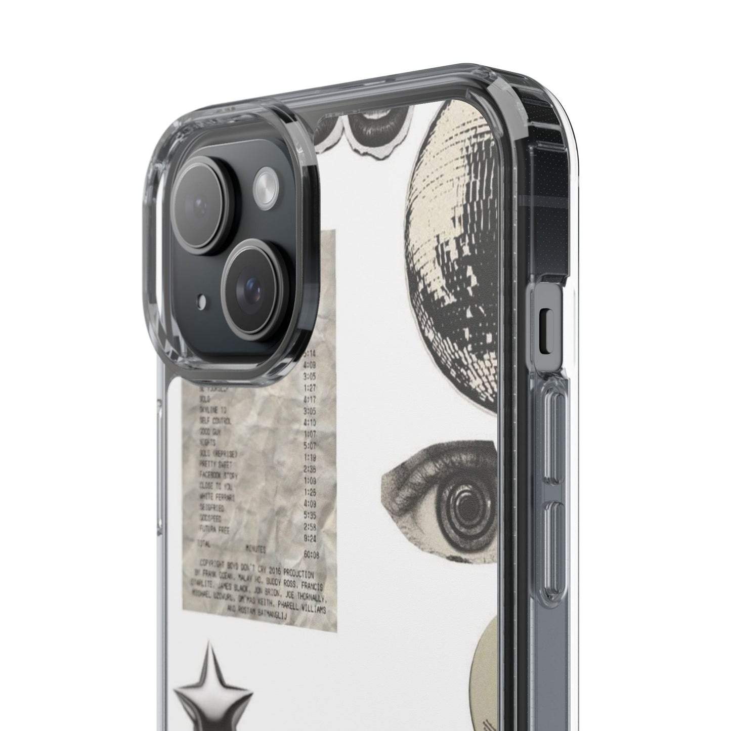 Clear Phone Case — Vintage Collage Stickers (Moon, Eye, Car, Cherries)