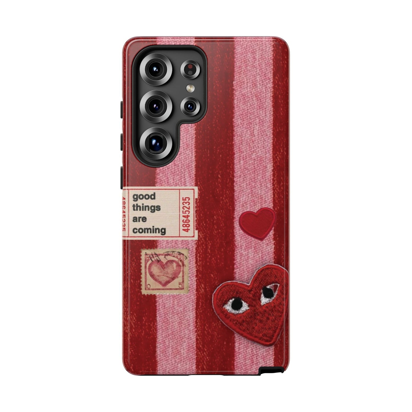Phone Case — Red Striped Heart Design with “Good Things Are Coming”