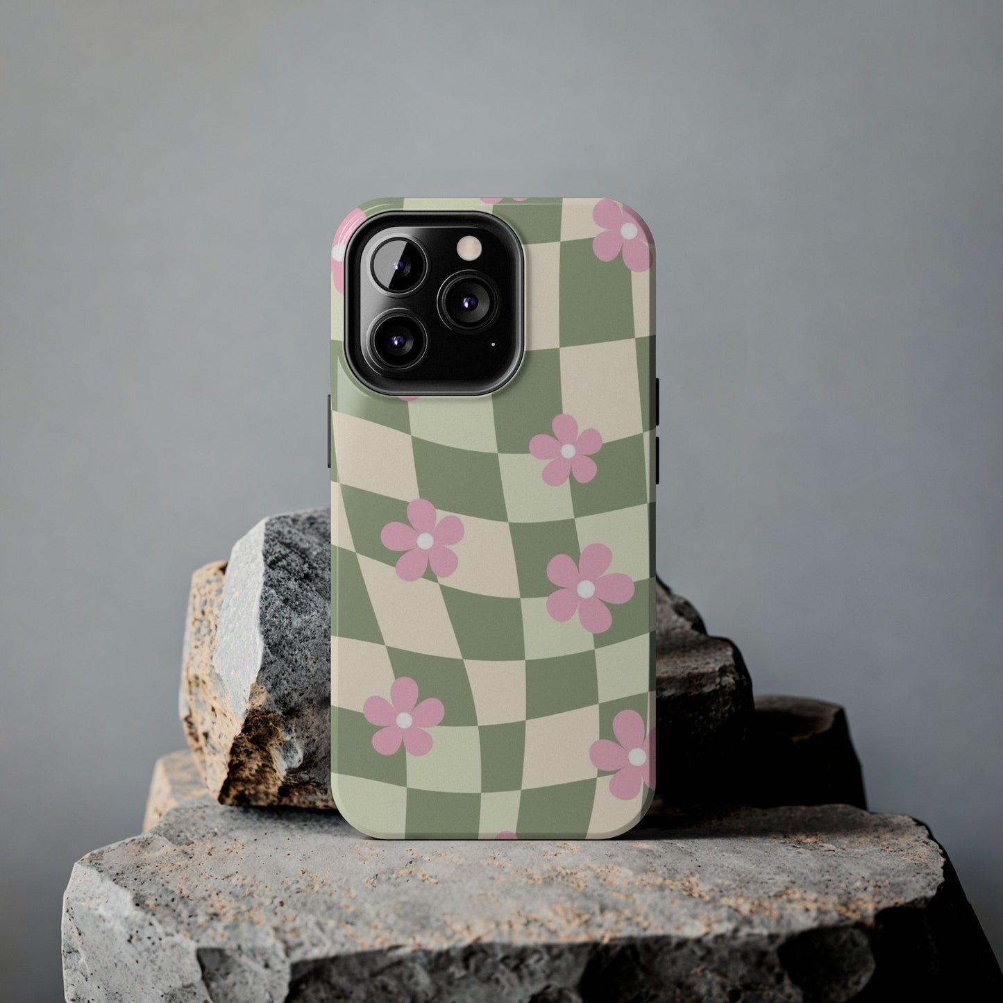 Tough Phone Case — Retro Green Checkerboard with Pink Flowers