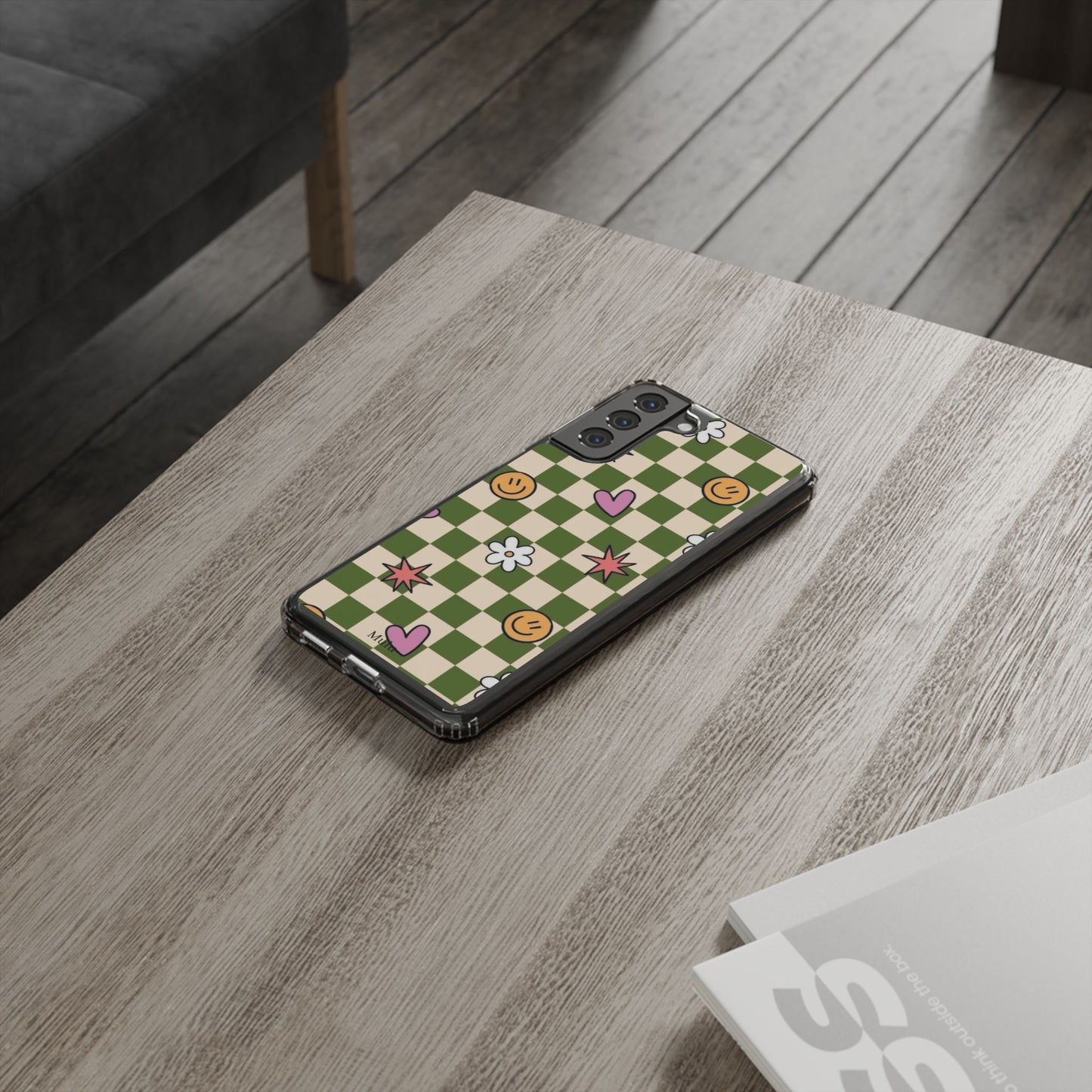 Clear Impact-Resistant Case — Retro Green Checkerboard with Smiley, Hearts & Flowers