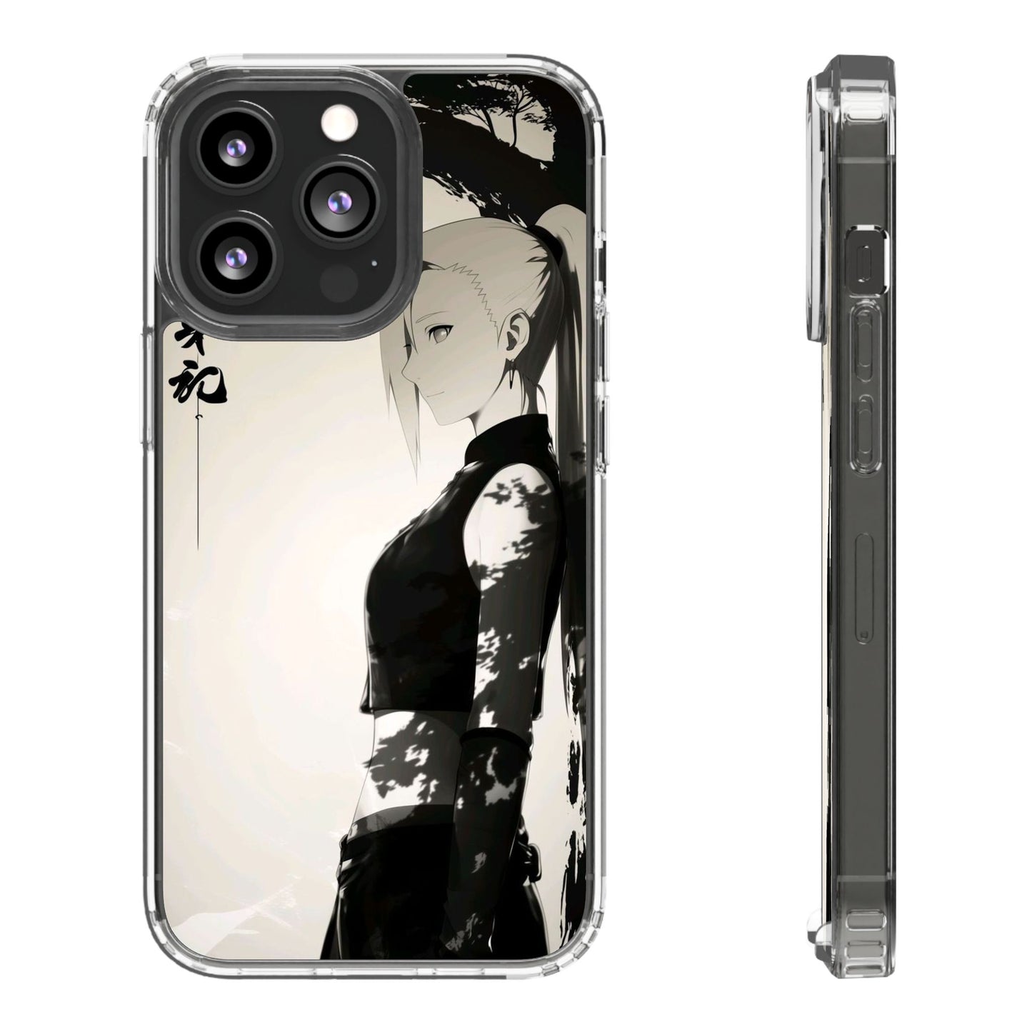 Anime Samurai Clear Phone Case — Monochrome Sumi-E Style
