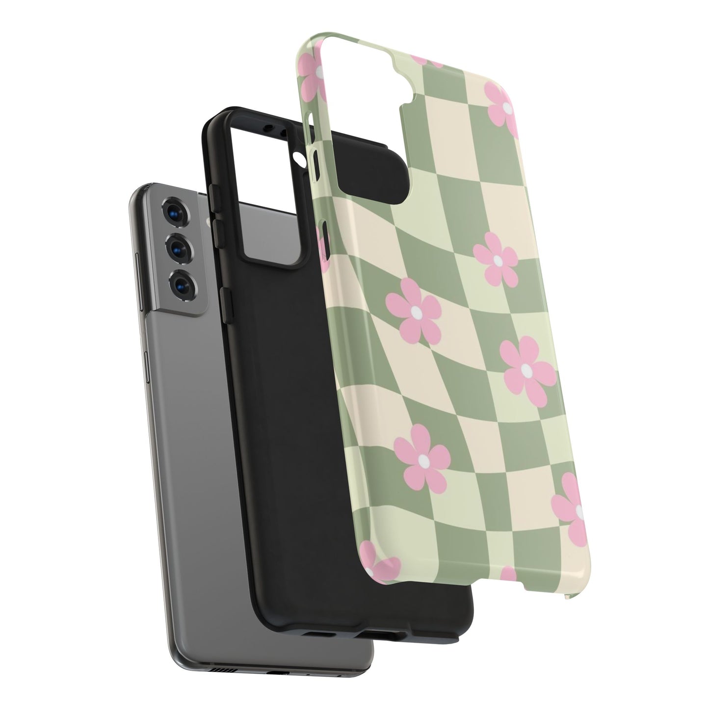 Tough Phone Case — Retro Green Checkerboard with Pink Flowers