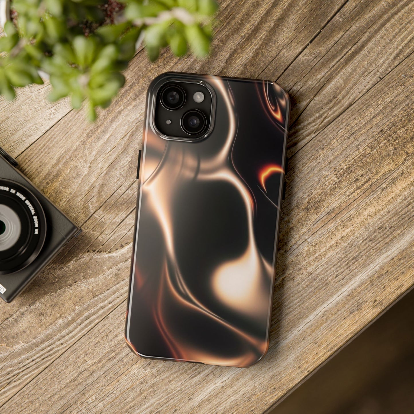 Abstract Liquid Glow Tough Phone Case — Black & Bronze Swirl Protective Cover