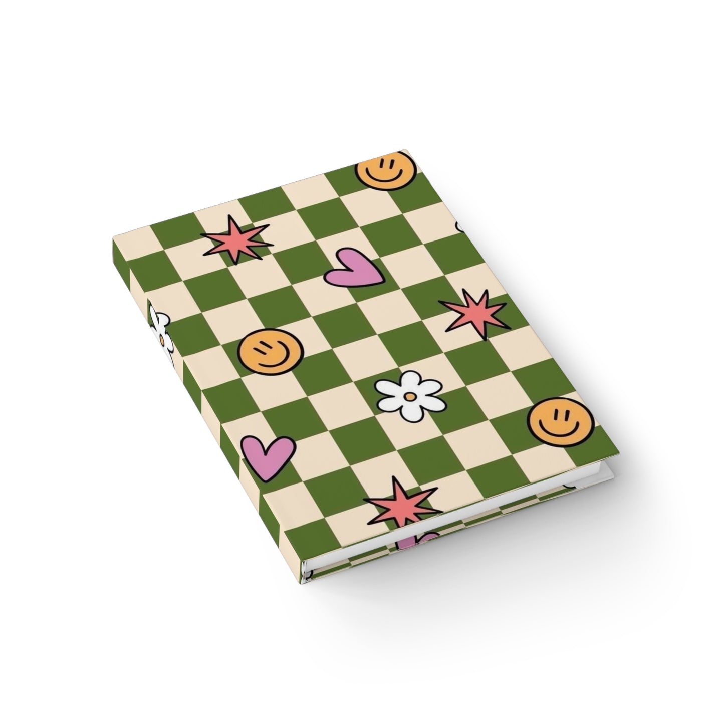 Checkerboard Doodles Ruled Journal — Green Plaid with Hearts, Smiley Faces & Flowers