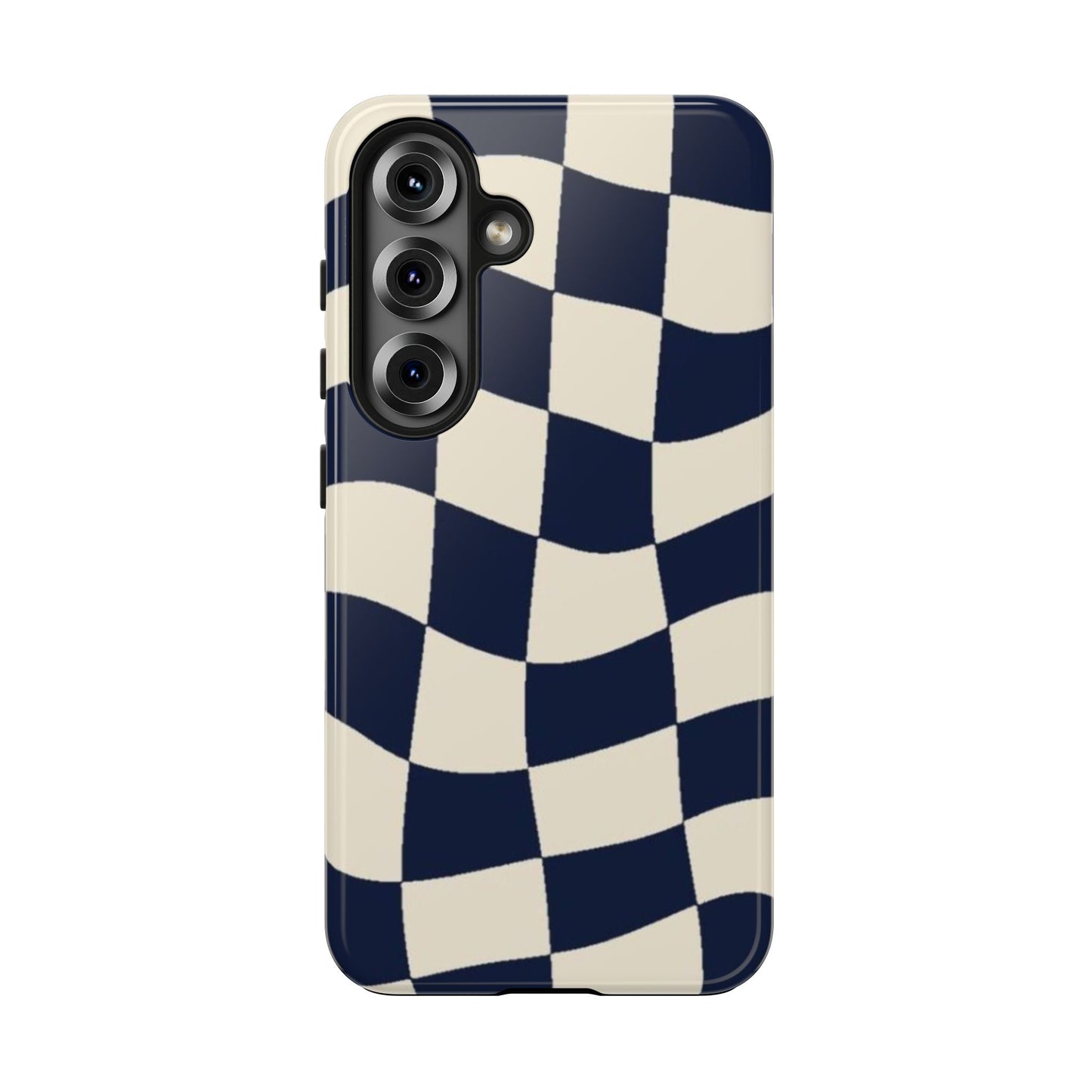 Wavy Checkerboard Tough Phone Case — Navy & Cream Protective Cover