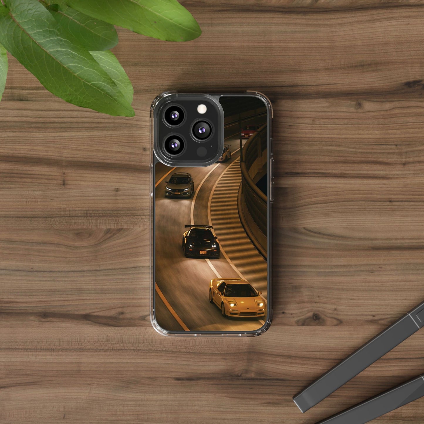 Racing Night Clear Phone Case – Sports Cars on Curved Highway