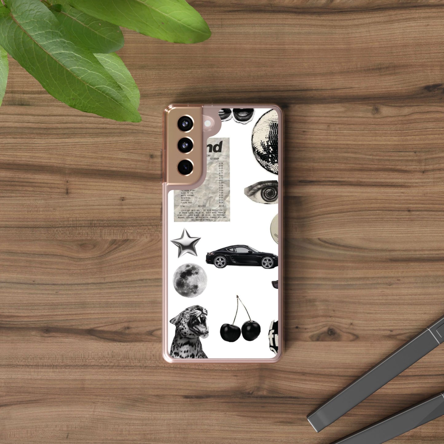 Clear Phone Case — Vintage Collage Stickers (Moon, Eye, Car, Cherries)