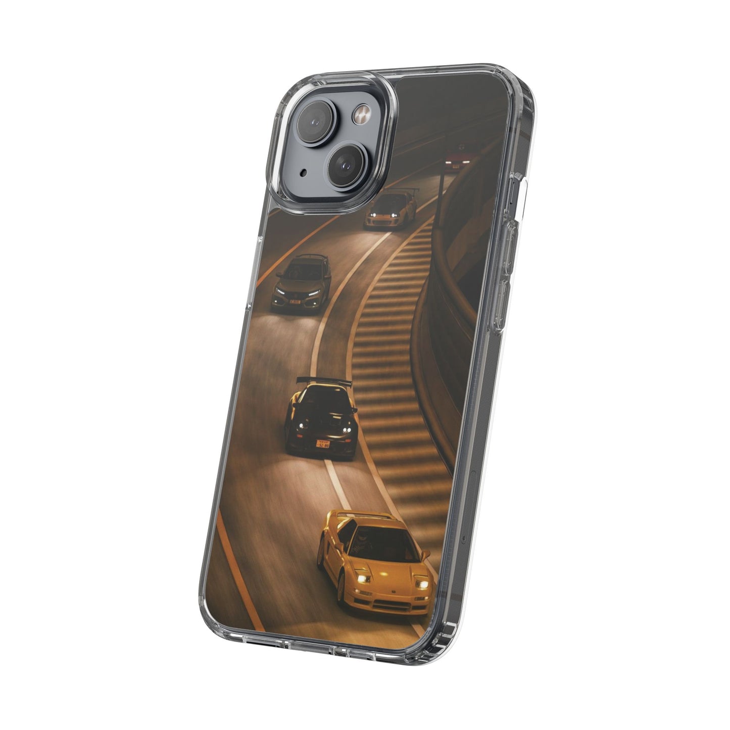 Racing Night Clear Phone Case – Sports Cars on Curved Highway