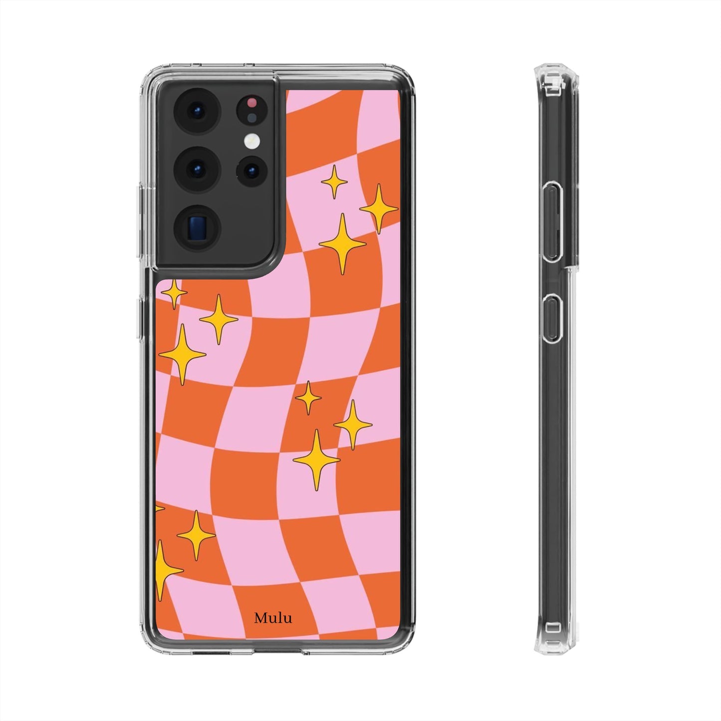Clear Impact-Resistant Case — Retro Pink & Orange Checker with Sparkle Stars