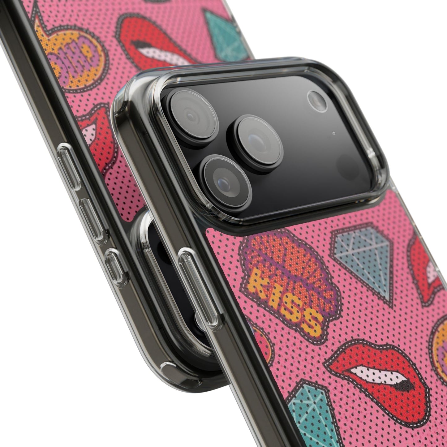 Clear Impact-Resistant Phone Case — Pink Pop Sticker Pattern (Hearts, Rainbows, Smileys)