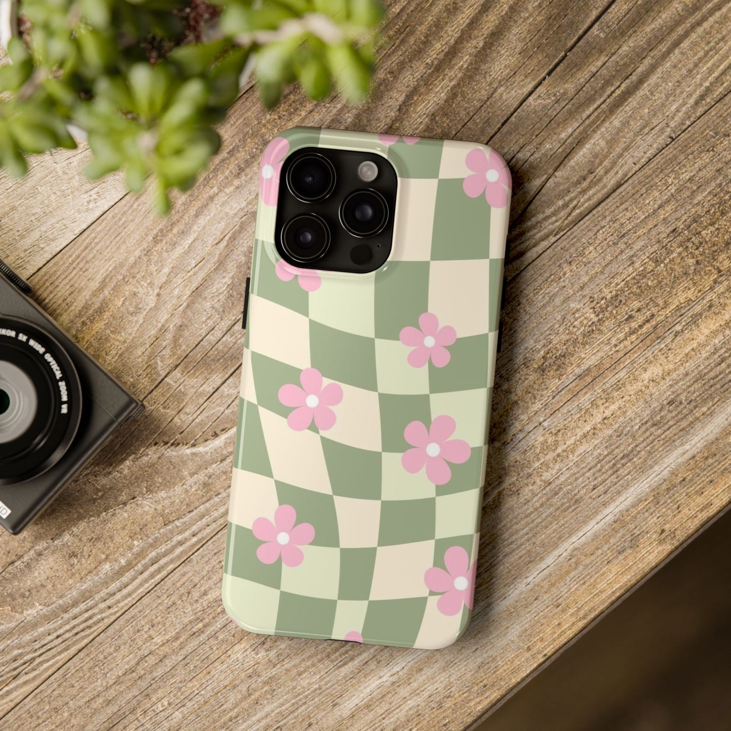 Tough Phone Case — Retro Green Checkerboard with Pink Flowers