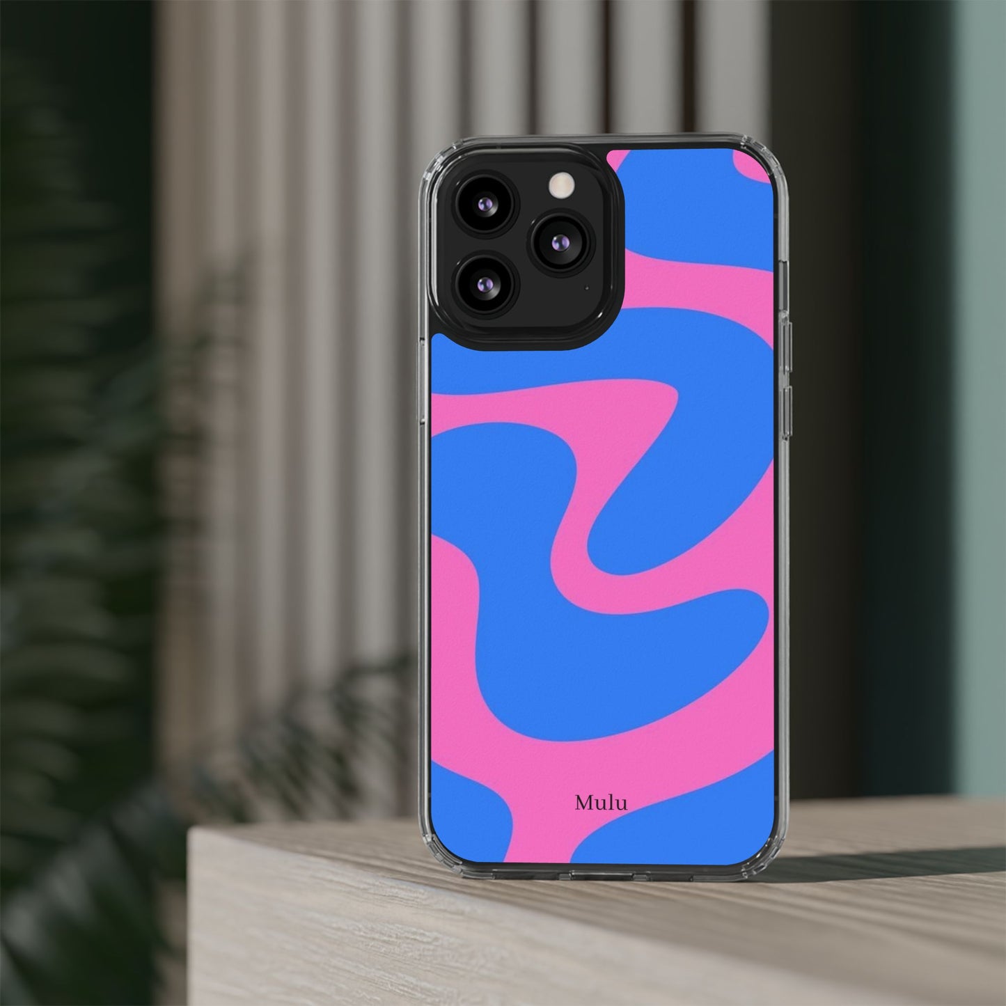 Clear Impact-Resistant Phone Case — Retro Blue & Pink Abstract Swirl