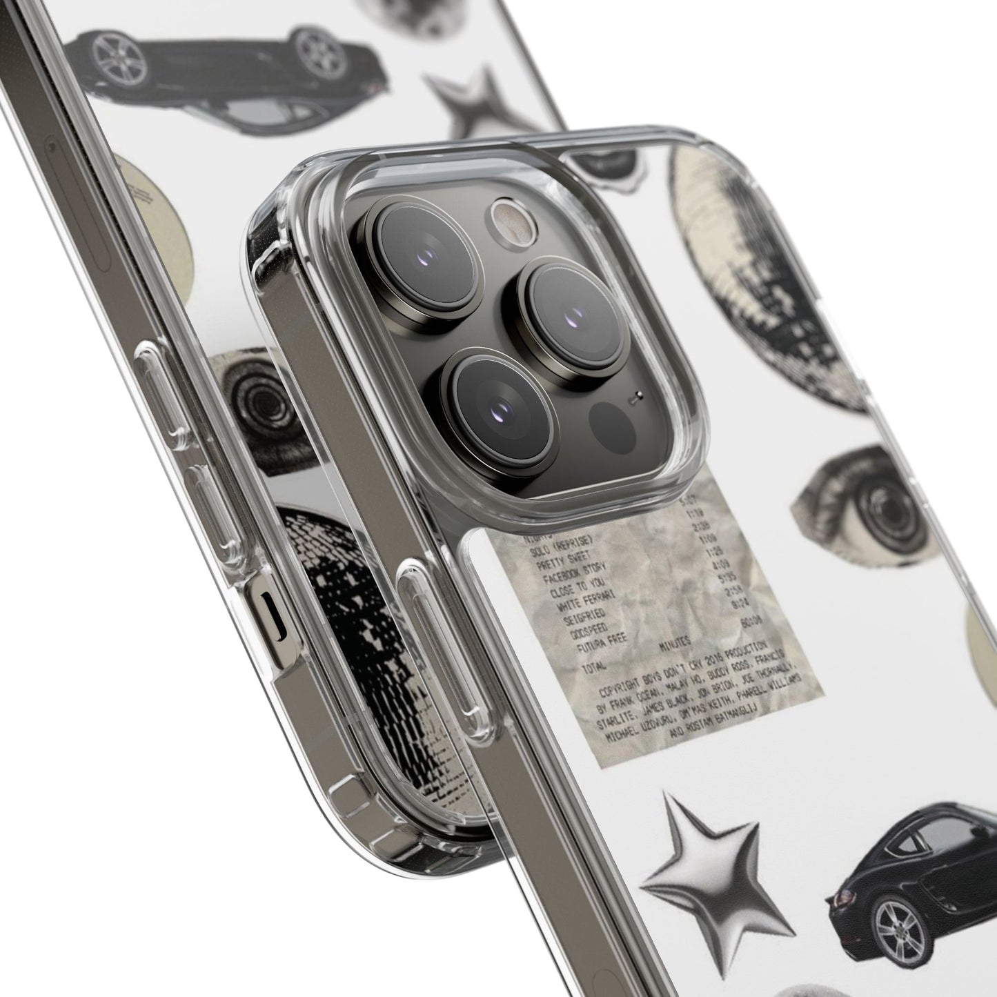 Clear Phone Case — Vintage Collage Stickers (Moon, Eye, Car, Cherries)
