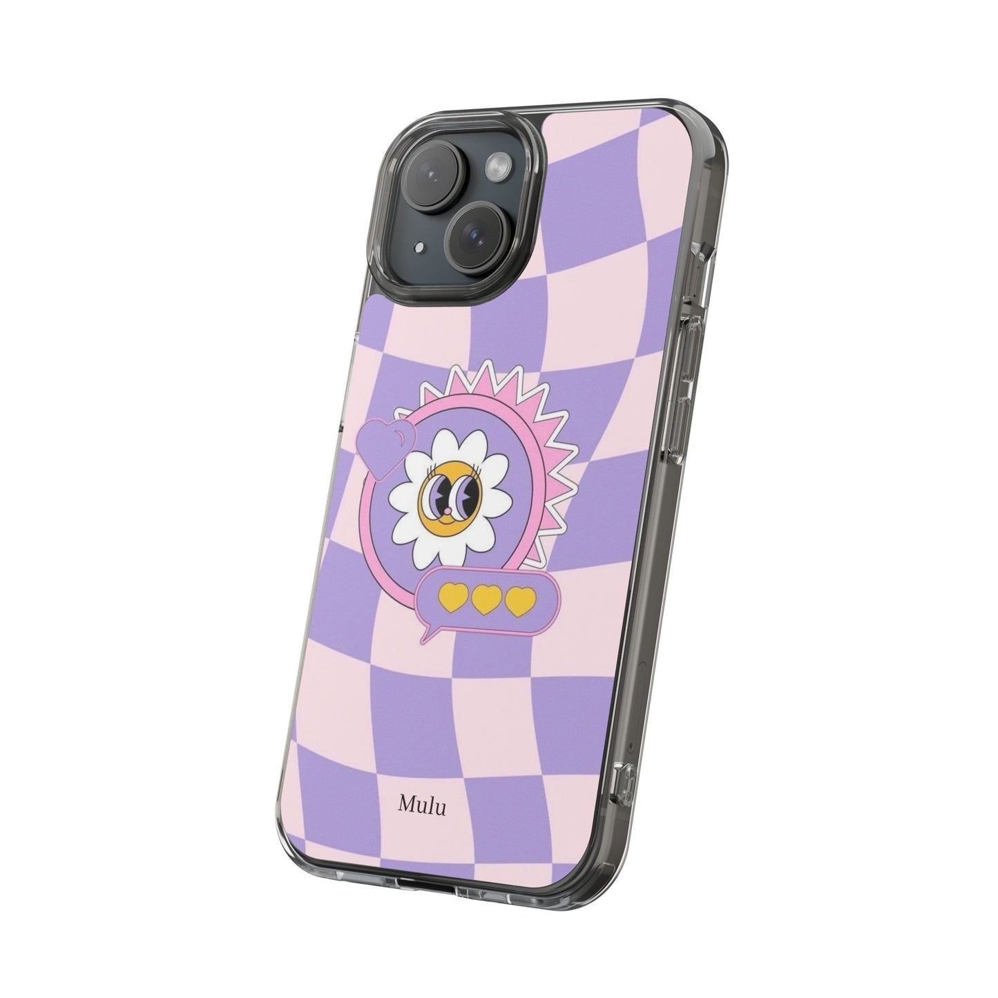 Clear Impact-Resistant Case — Cute Purple Checkerboard Dino with 'Mulu'