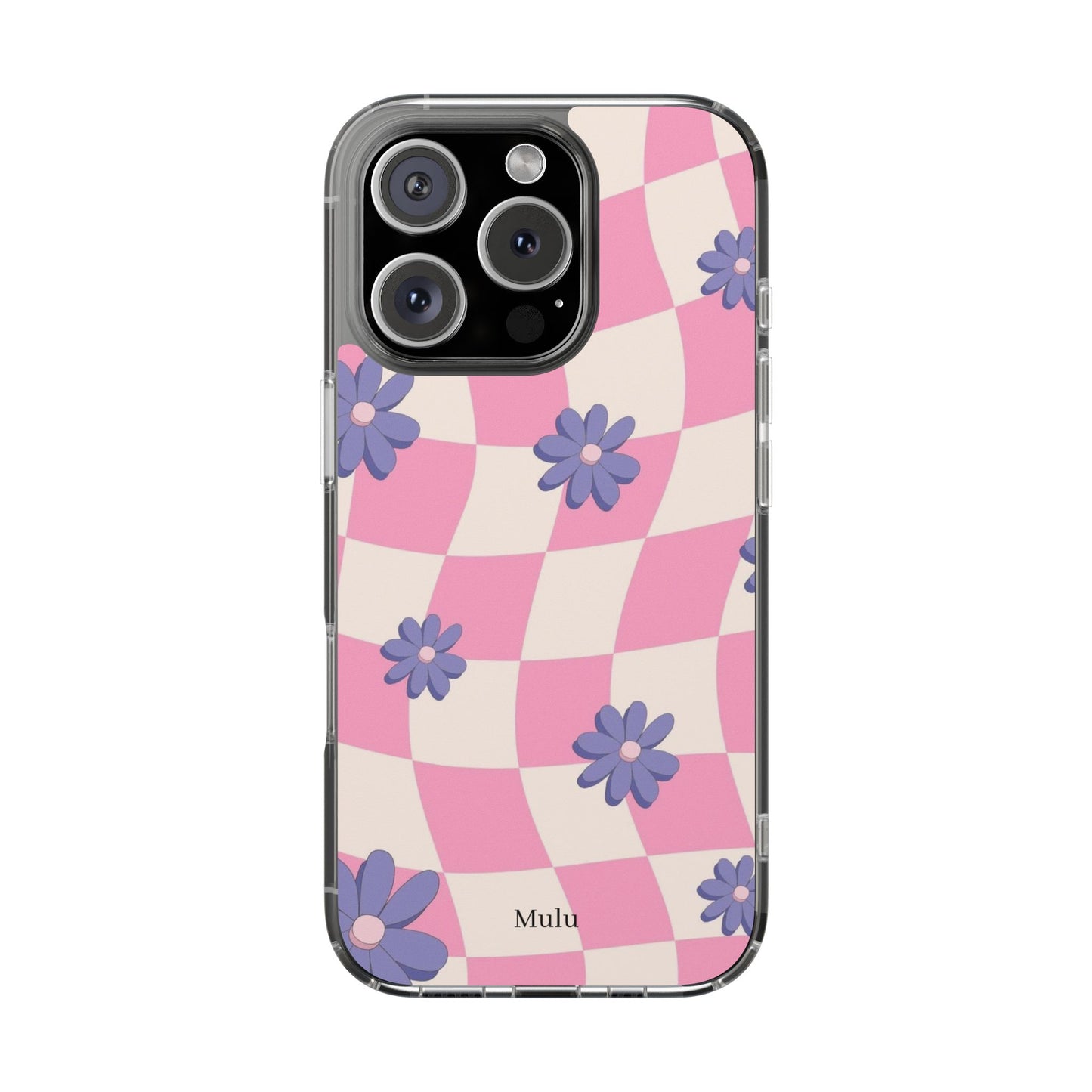 Clear Impact Phone Case — Pink Checkerboard with Purple Flowers