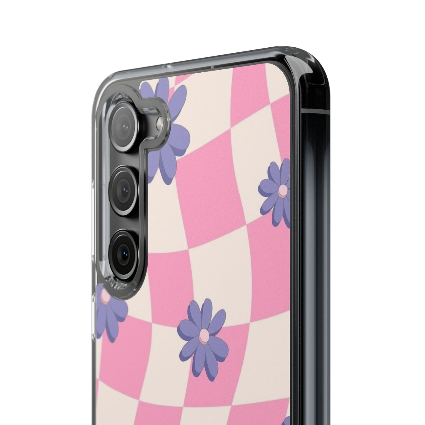 Clear Impact Phone Case — Pink Checkerboard with Purple Flowers