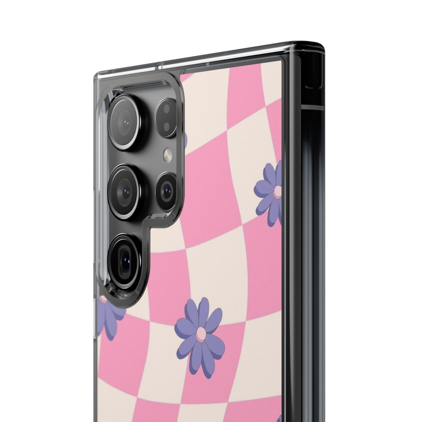 Clear Impact Phone Case — Pink Checkerboard with Purple Flowers