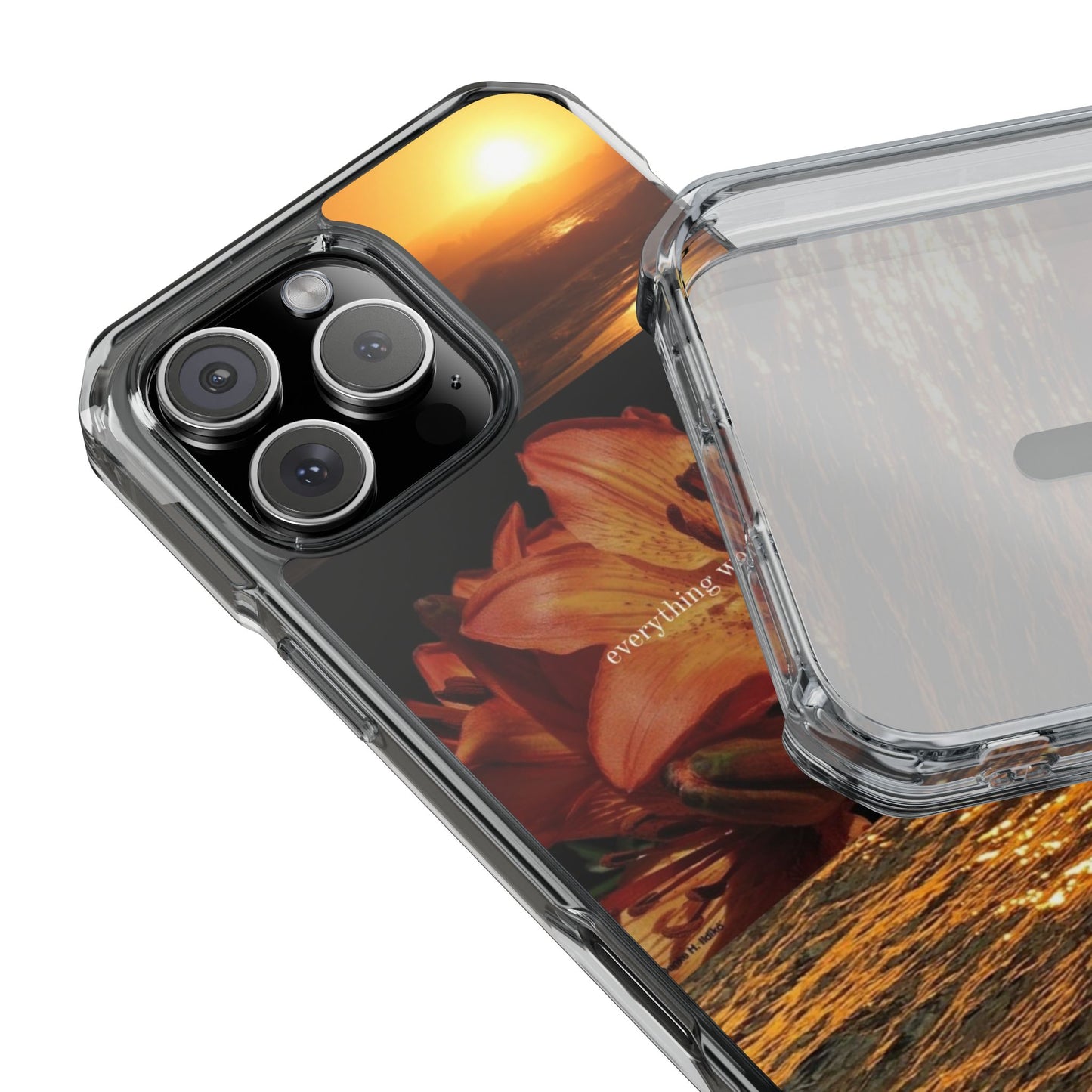 Clear Magnetic Phone Case — Sunset Lily Design ("anything waits for you")