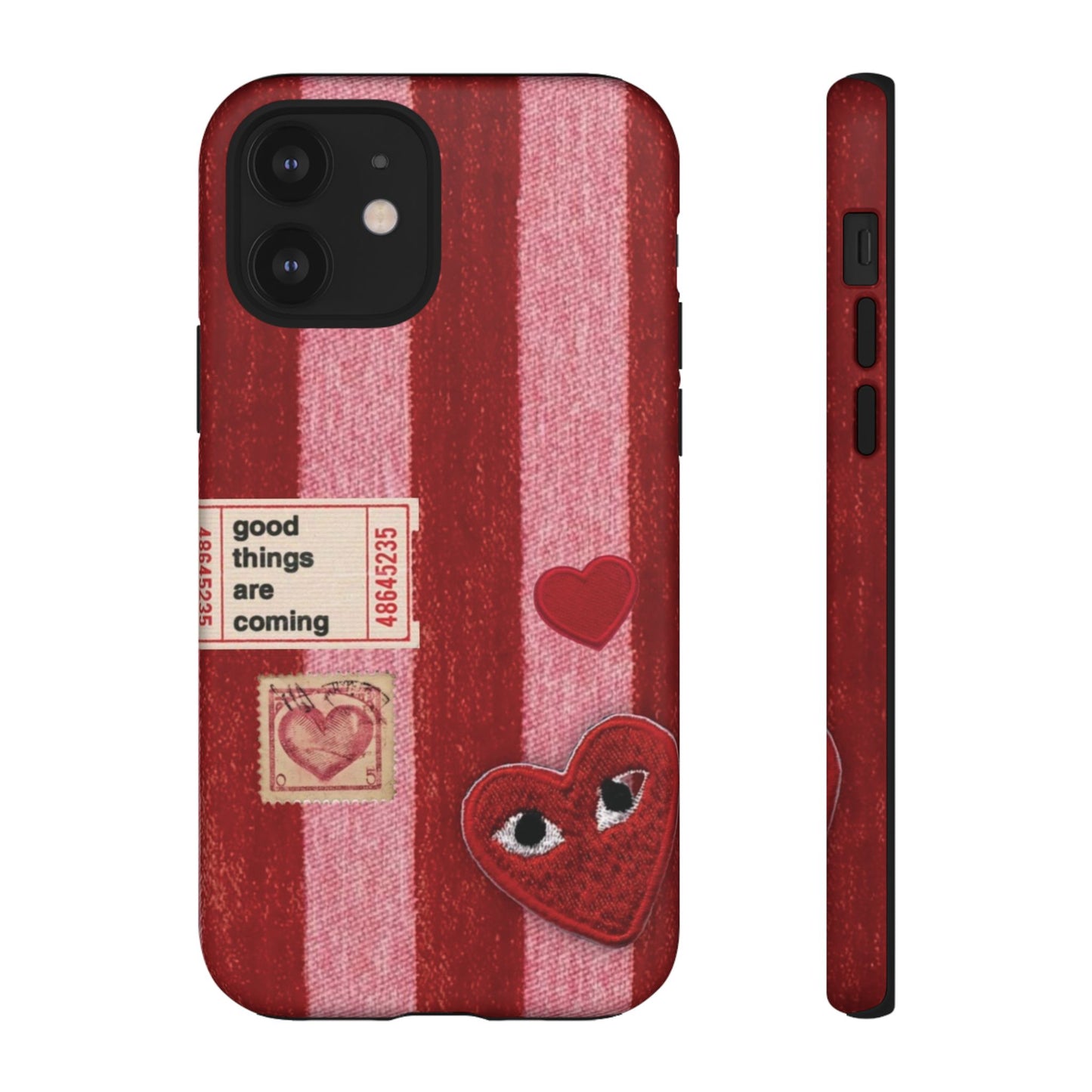 Phone Case — Red Striped Heart Design with “Good Things Are Coming”