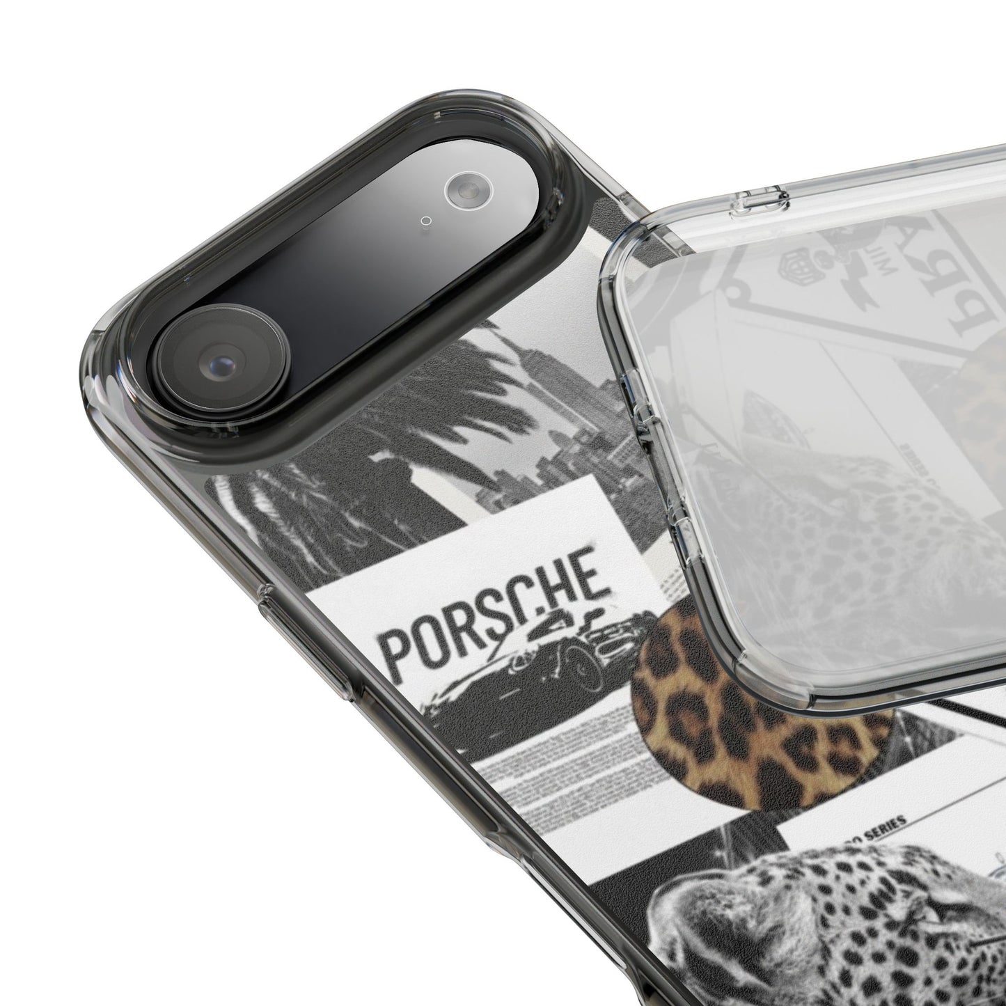 Clear Impact-Resistant Phone Case — Collage Luxury Leopard & Vintage Car Design