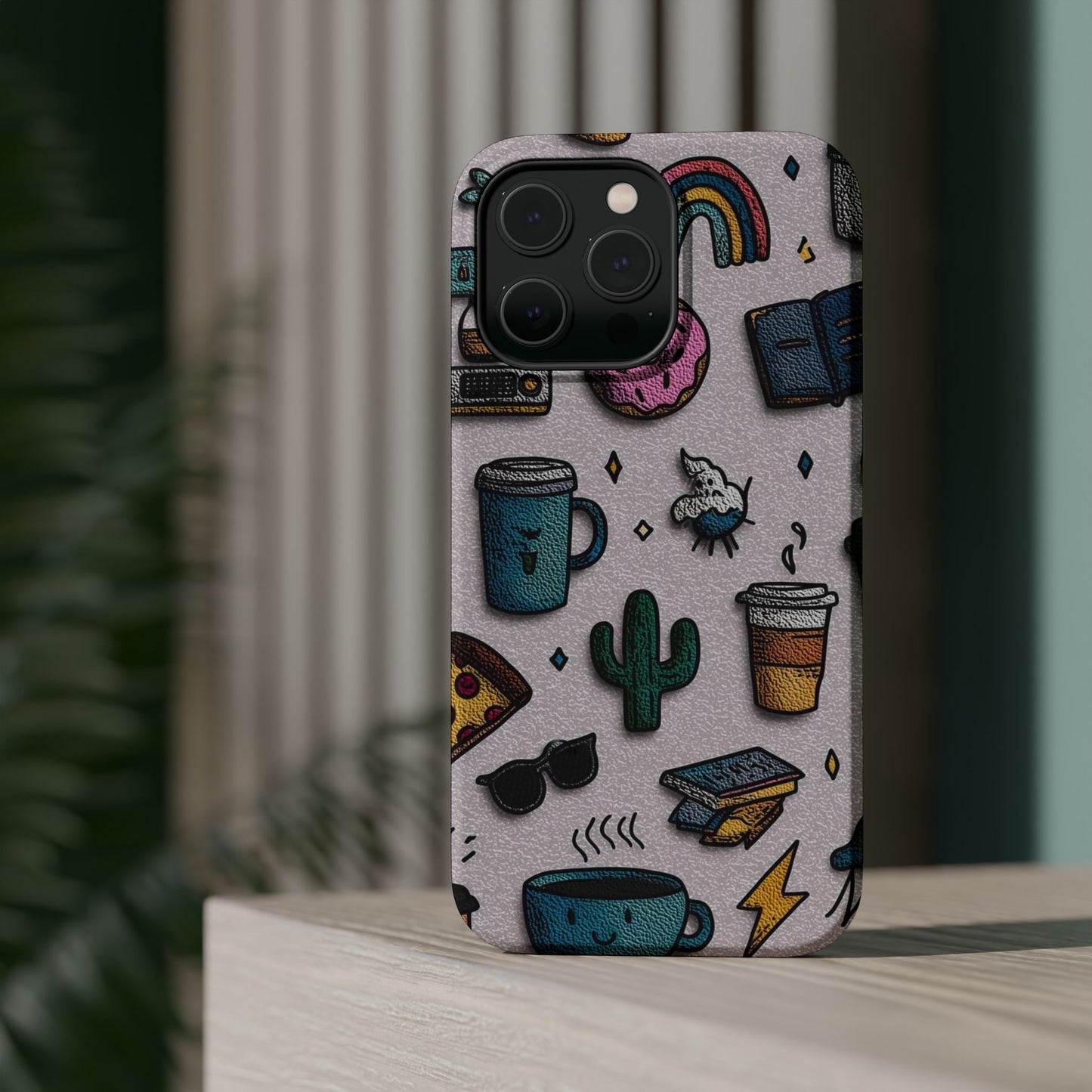 Cute Doodle Phone Case — Magnetic Impact-Resistant Design (coffee, rainbow, cactus)
