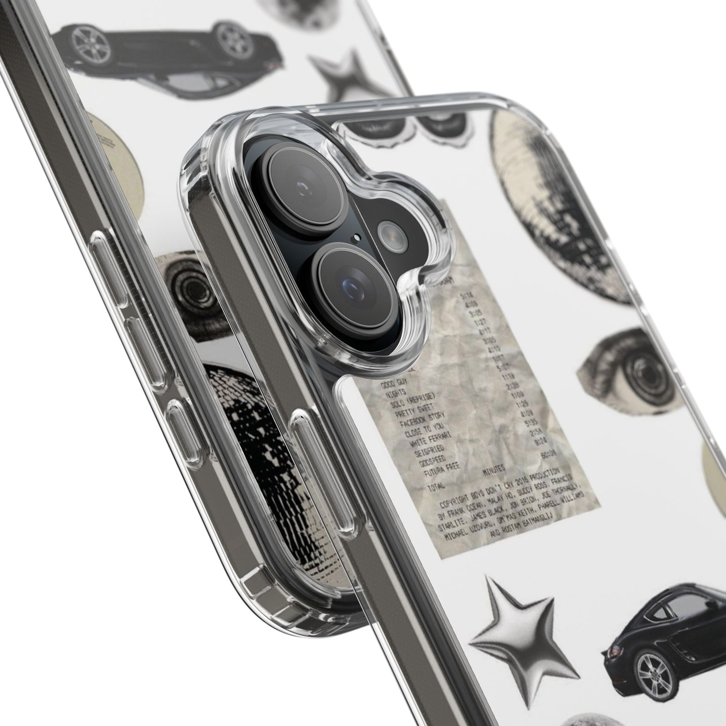 Clear Phone Case — Vintage Collage Stickers (Moon, Eye, Car, Cherries)
