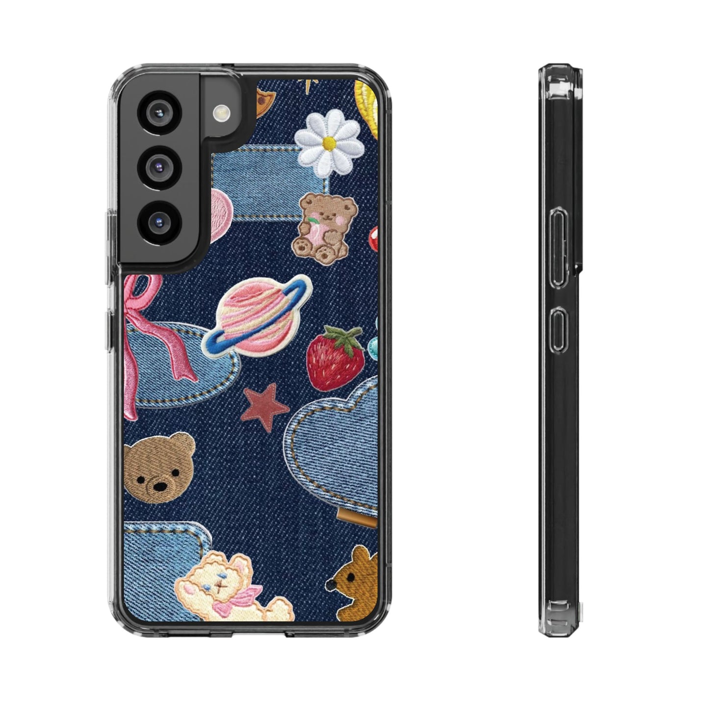 Clear Impact-Resistant Phone Case — Cute Denim Patch Collage (Teddy, Strawberry, Planet)