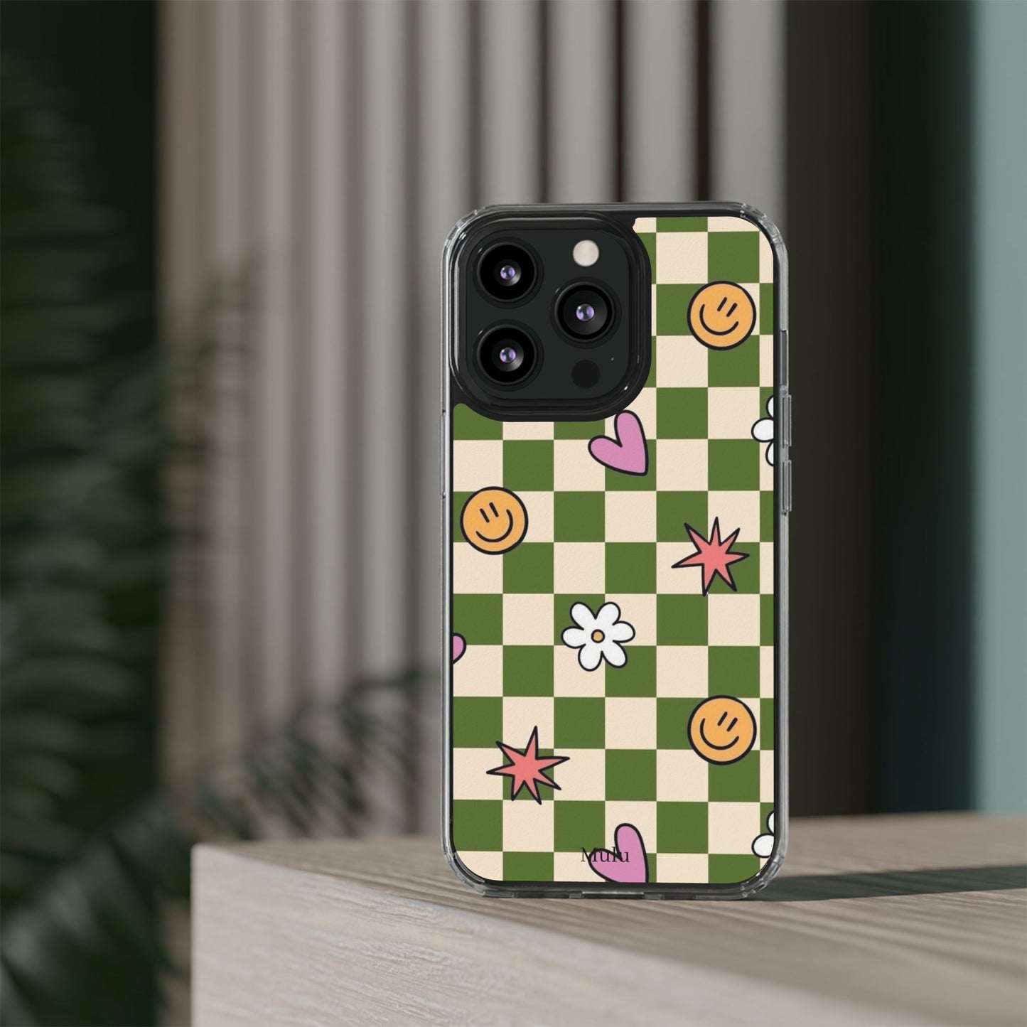 Clear Impact-Resistant Case — Retro Green Checkerboard with Smiley, Hearts & Flowers