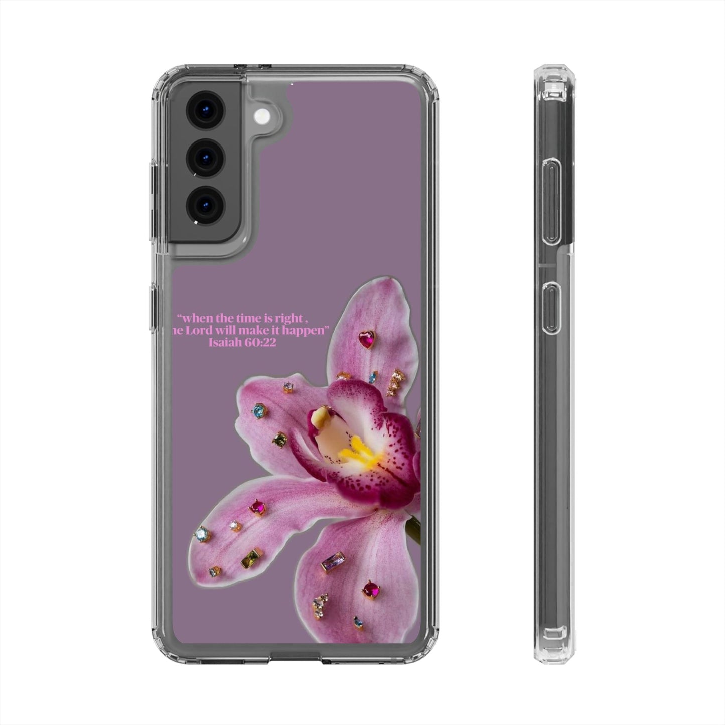 Clear Floral Impact-Resistant Phone Case — "When the time is right" Rose Orchid Design