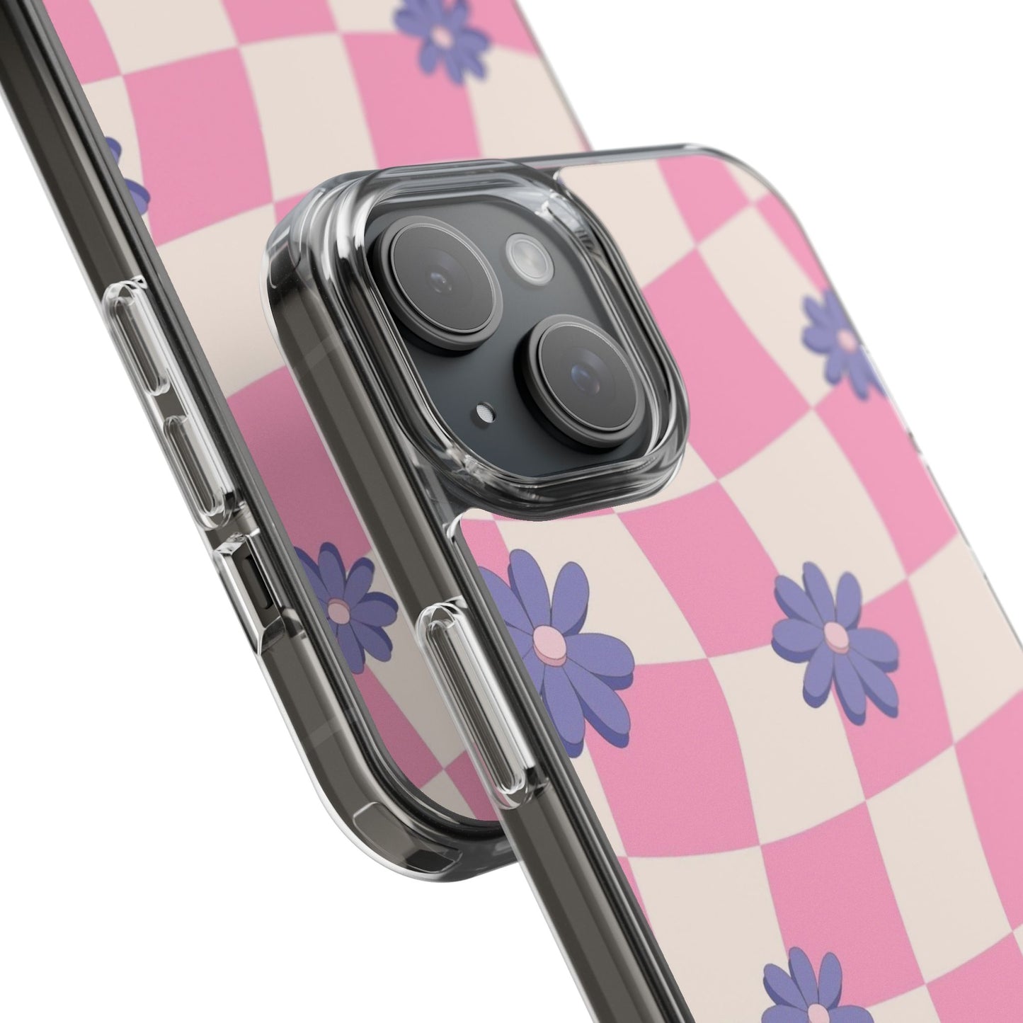 Clear Impact Phone Case — Pink Checkerboard with Purple Flowers