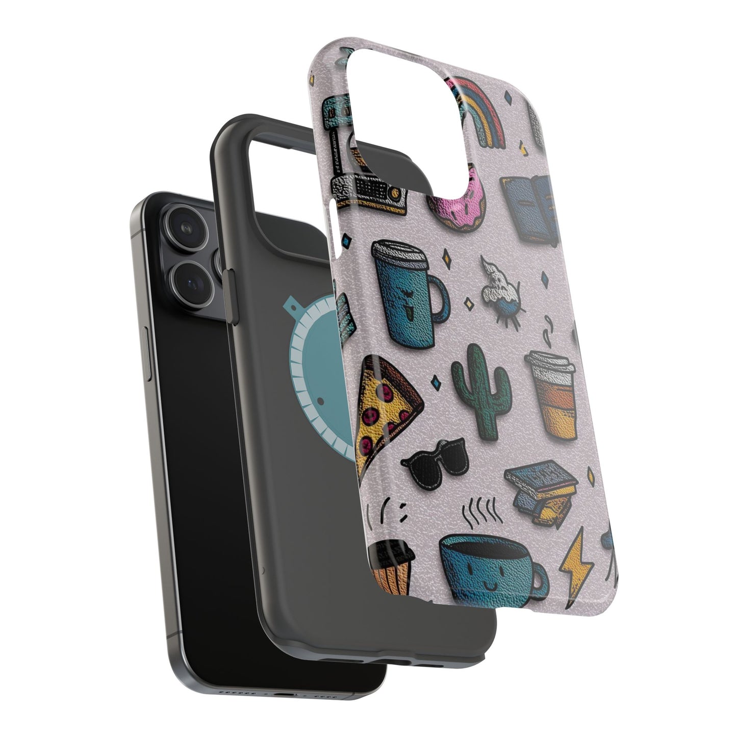 Cute Doodle Phone Case — Magnetic Impact-Resistant Design (coffee, rainbow, cactus)