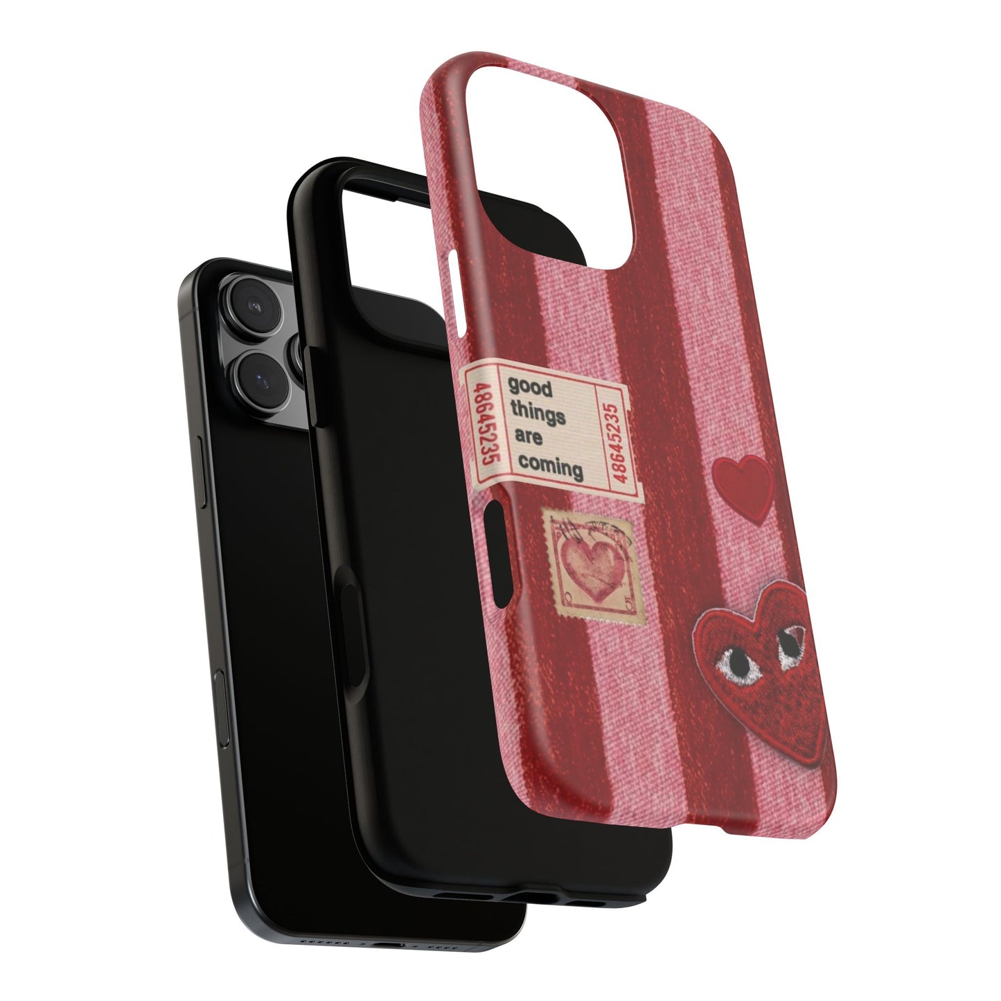 Phone Case — Red Striped Heart Design with “Good Things Are Coming”