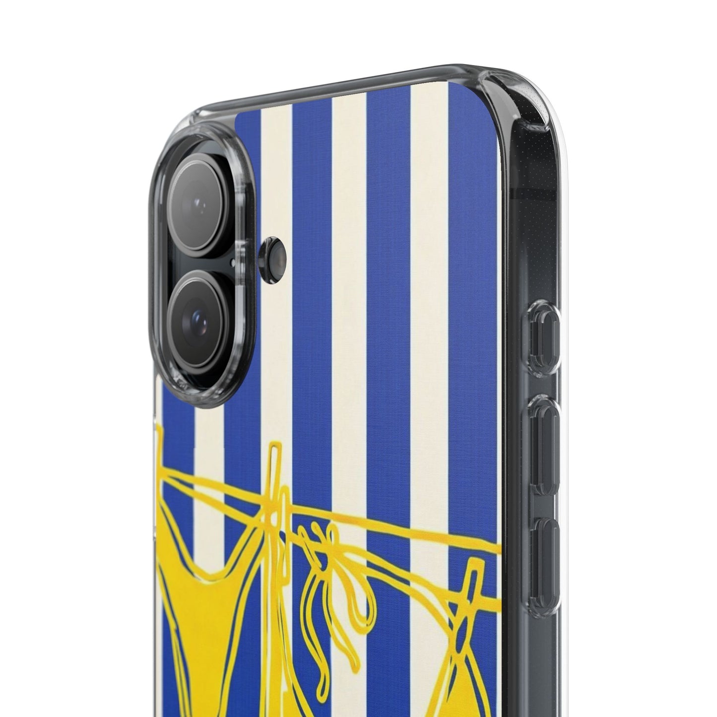 Striped Beach Bikini Phone Case — Yellow Swimwear on Blue & White Stripes, Clear Impact-Resistant