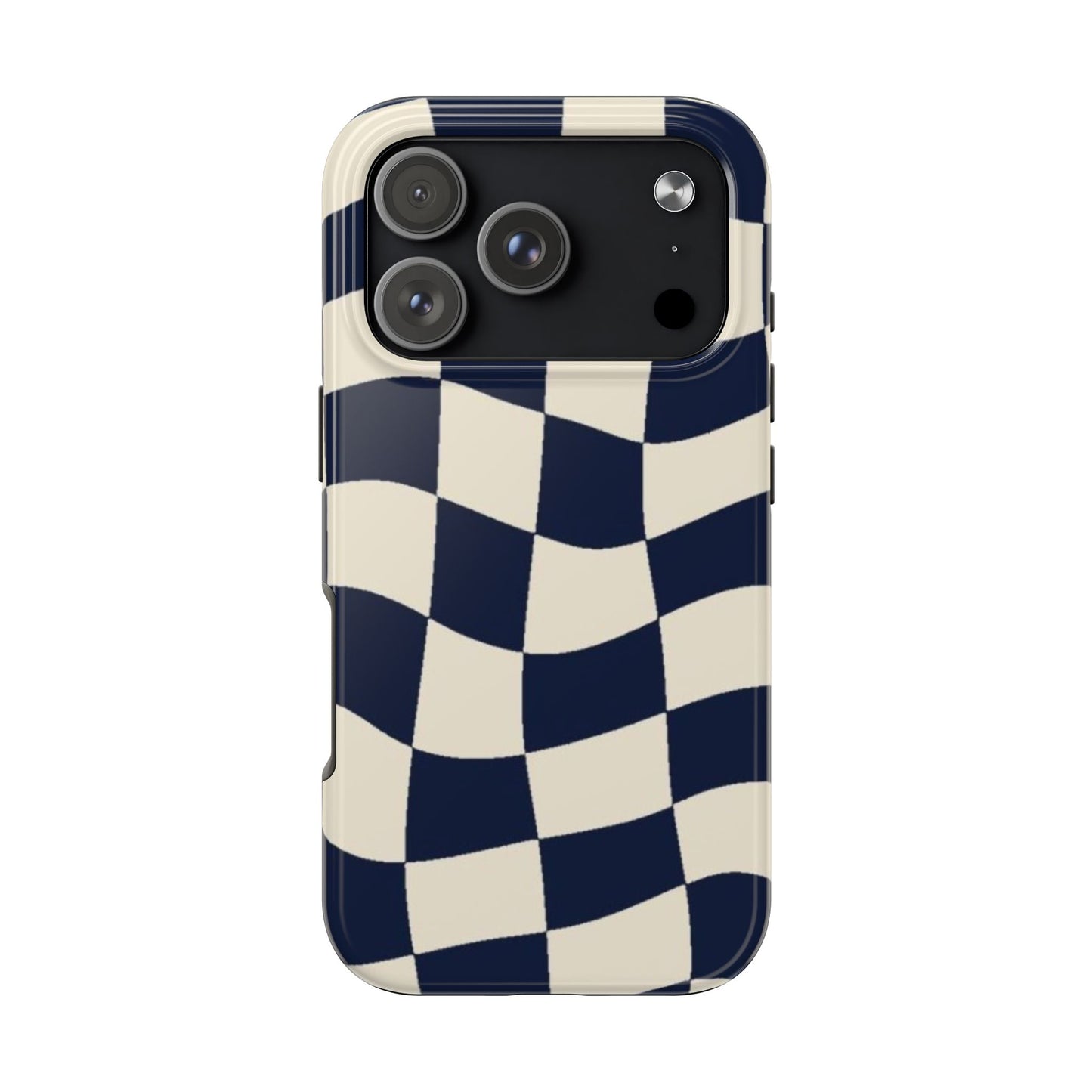 Wavy Checkerboard Tough Phone Case — Navy & Cream Protective Cover