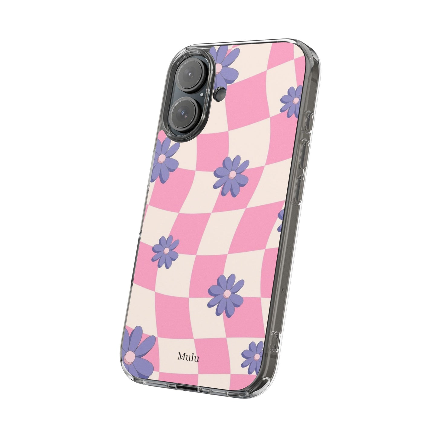 Clear Impact Phone Case — Pink Checkerboard with Purple Flowers