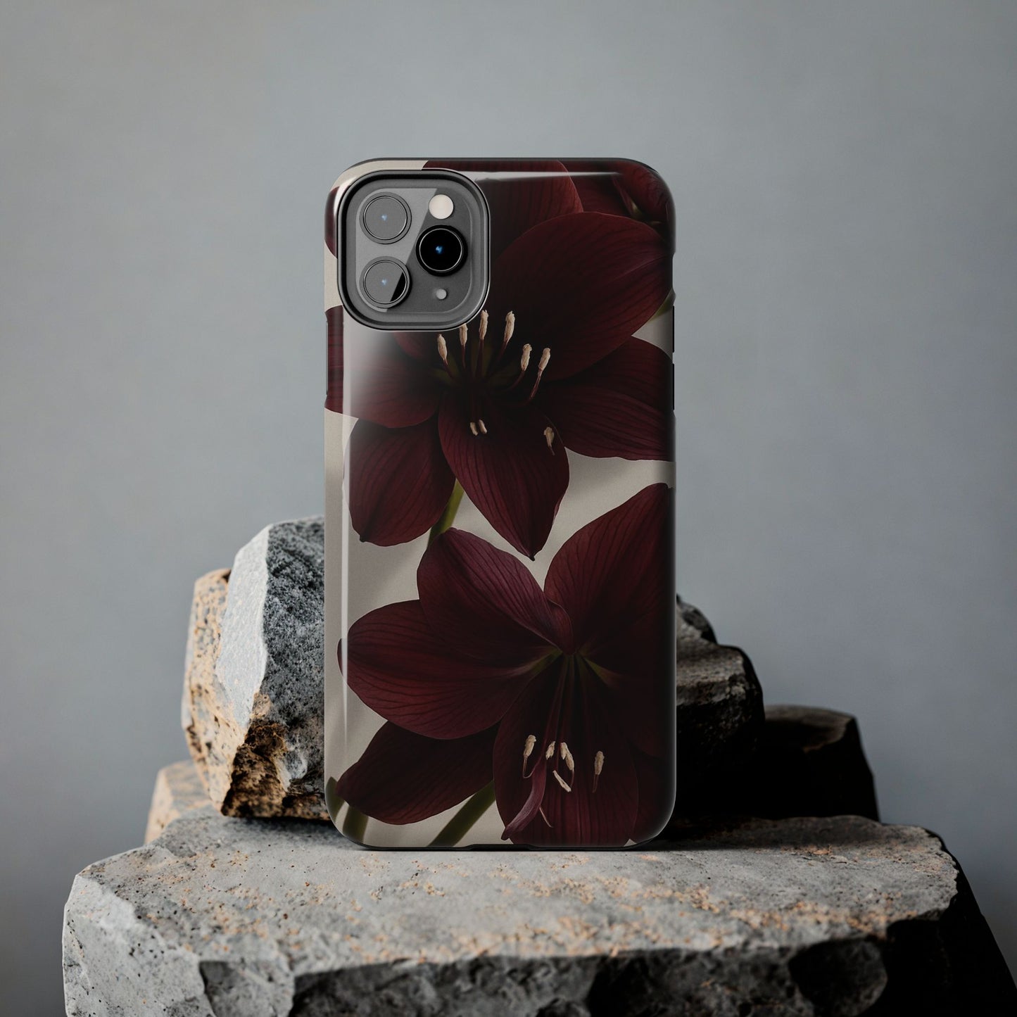 Amaryllis Noir Tough Phone Case — Dark Burgundy Floral Protective Cover
