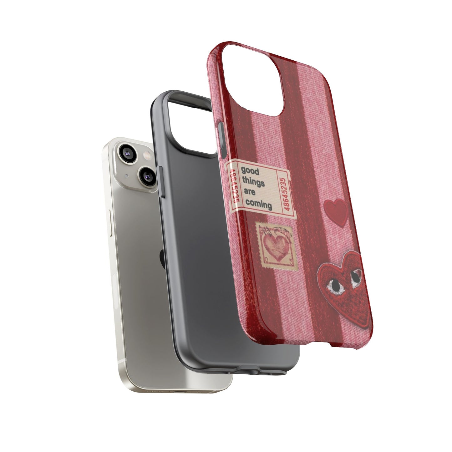 Phone Case — Red Striped Heart Design with “Good Things Are Coming”
