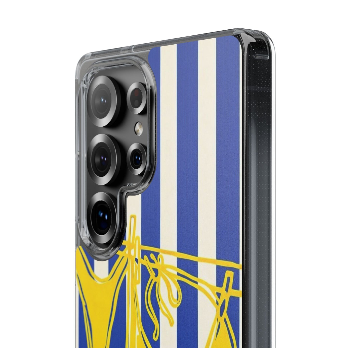 Striped Beach Bikini Phone Case — Yellow Swimwear on Blue & White Stripes, Clear Impact-Resistant