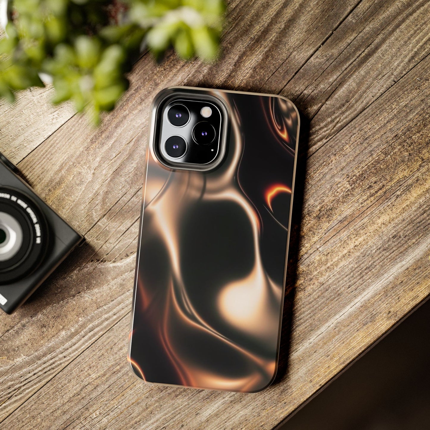 Abstract Liquid Glow Tough Phone Case — Black & Bronze Swirl Protective Cover